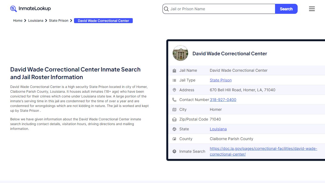 David Wade Correctional Center Inmate Search, Jail Roster, Bookings ...