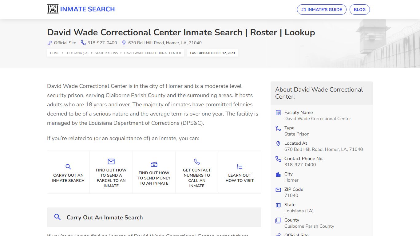David Wade Correctional Center Inmate Search | Roster | Lookup