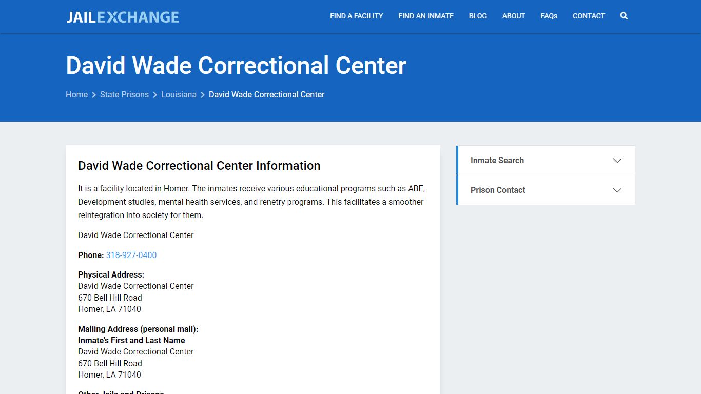 David Wade Correctional Center Inmate Search, LA - Jail Exchange
