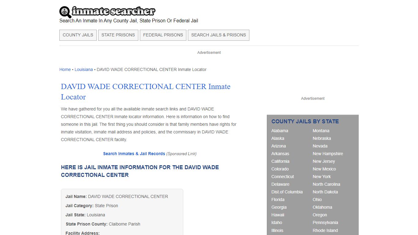 DAVID WADE CORRECTIONAL CENTER Inmate Locator - Inmate Searcher